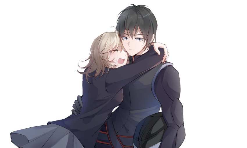 1boy, 1girl, black_hair, black_jacket, blonde_hair, blush, closed_eyes, crying