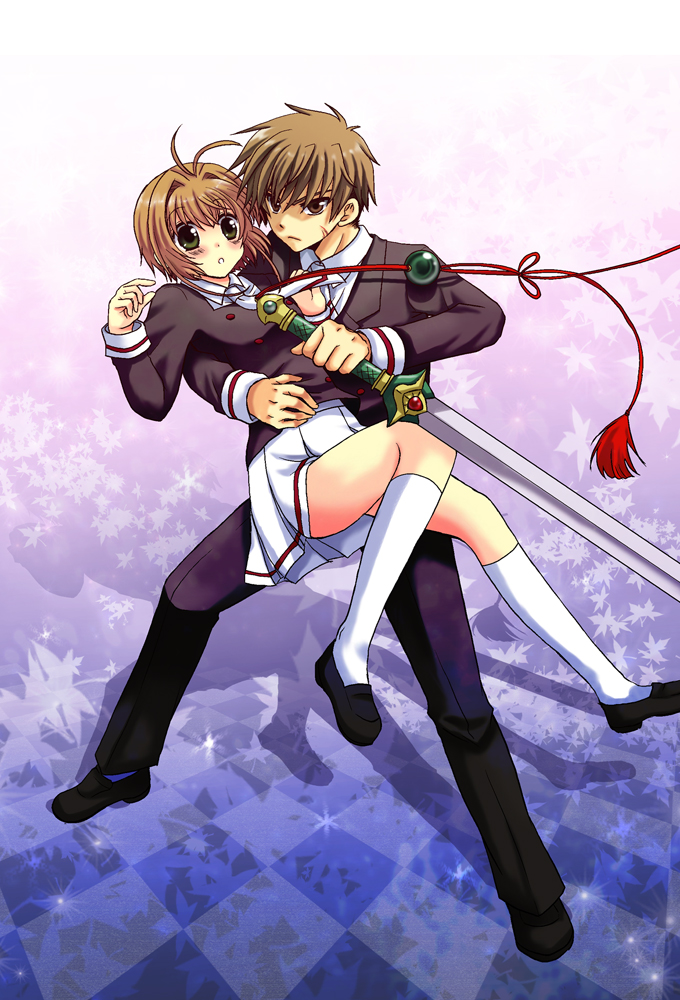 1990s_(style), 1boy, 1girl, brown_eyes, brown_hair, cardcaptor_sakura, cardcaptor_sakura_clear_card_arc, carrying