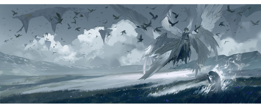 2boys, absurdres, amon_(lord_of_the_mysteries), angel, angel_wings, arm_up, bird, black_hair