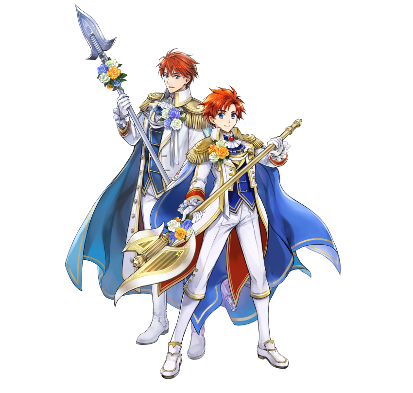 2boys, absurdres, axe, eliwood_(fire_emblem), eliwood_(groom)_(fire_emblem), father_and_child, father_and_son, fire_emblem, fire_emblem:_the_binding_blade, fire_emblem:_the_blazing_blade, fire_emblem_heroes, highres, holding, holding_axe, holding_polearm, holding_weapon, multiple_boys, nintendo, official_alternate_costume, official_art, parent_and_child, polearm, roy_(fire_emblem), roy_(groom)_(fire_emblem), simple_background, weapon, white_background