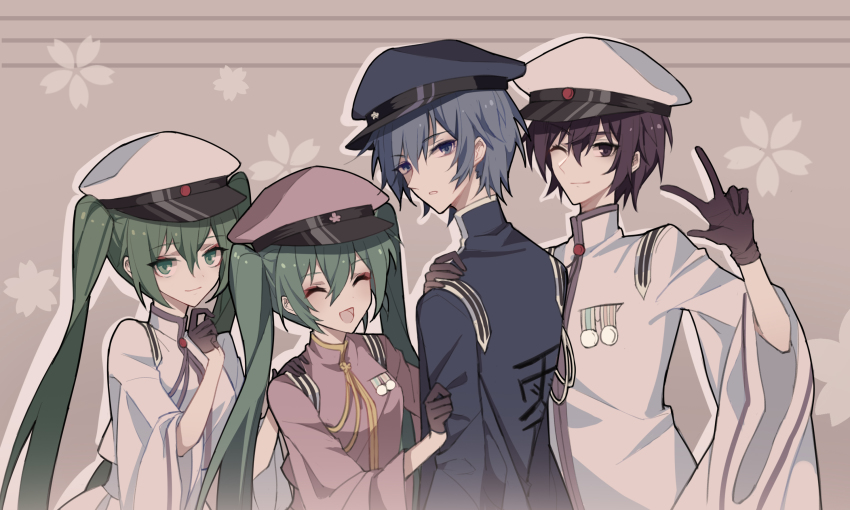 2boys, 2girls, :d, ;), ^_^, black_gloves, black_hair, blue_eyes