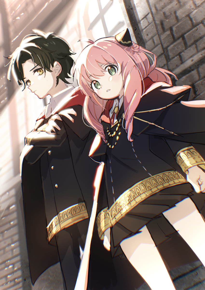 1boy, 1girl, absurdres, aged_up, ahoge, anya_(spy_x_family), black_cape, black_hair