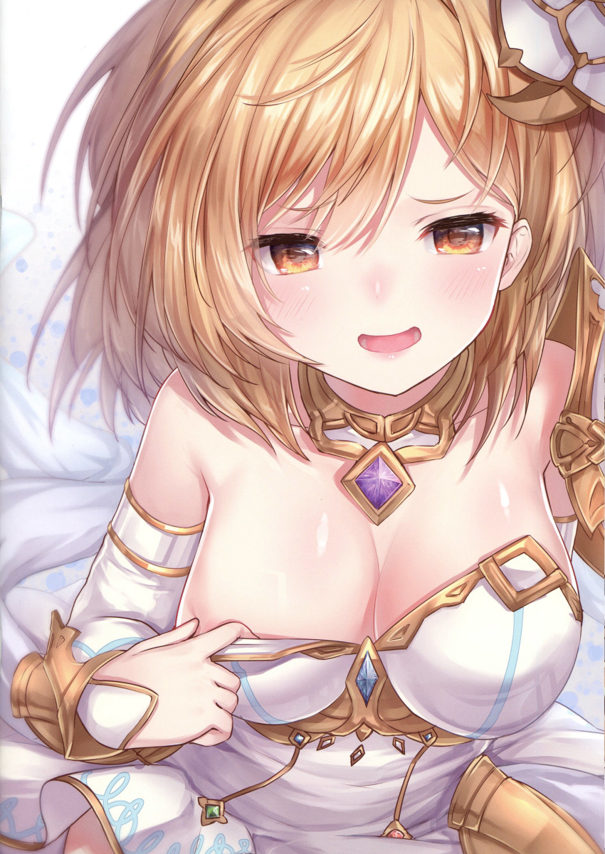 1girl, absurdres, armor, bare_shoulders, blonde_hair, blush, breasts, brown_eyes, cleavage, detached_collar, djeeta_(granblue_fantasy), dress, glorybringer_(granblue_fantasy), gold_trim, granblue_fantasy, hair_ornament, highres, lips, medium_breasts, open_mouth, pulling_own_clothes, scan, shiny_skin, short_hair, shoulder_armor, simple_background, sleeveless, solo, topia, upper_body