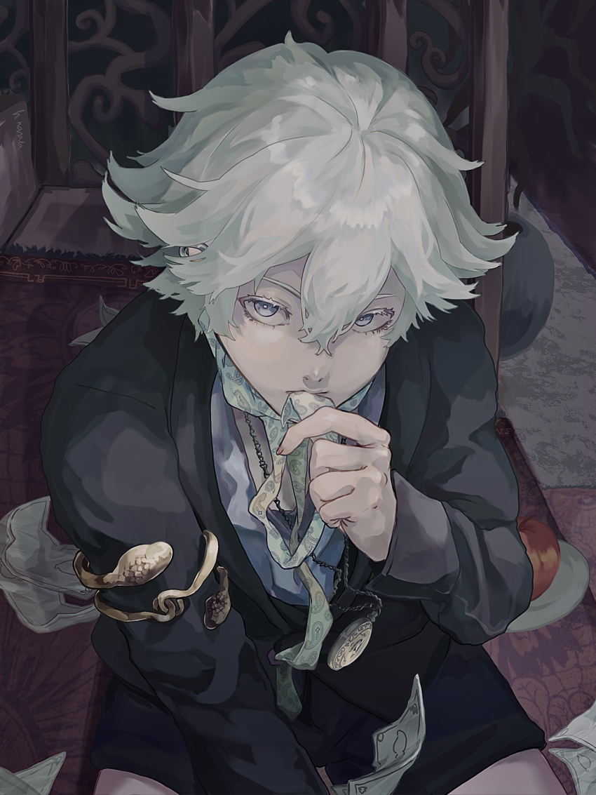 1boy, absurdres, armlet, banknote, black_jacket, black_shorts, blue_eyes, carpet, closed_mouth, cowboy_shot, flipped_hair, from_above, grey_eyes, hair_between_eyes, hand_up, highres, holding, hozo_nanata, jacket, jewelry, long_sleeves, looking_at_viewer, looking_up, male_focus, money, paradox_live, pendant, shirt, short_hair, shorts, simple_background, snake_armband, solo, white_hair, yatonokami_nayuta