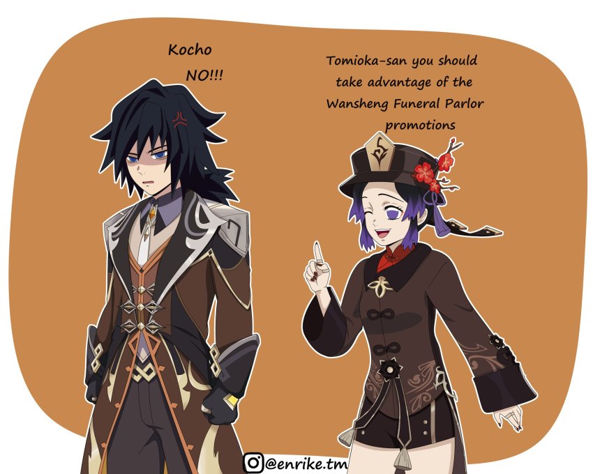 1boy, 1girl, alternate_costume, anger_vein, angry, black_gloves, black_hair, black_headwear