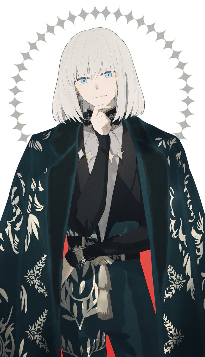 1boy, blue_eyes, closed_mouth, commentary_request, earrings, fate/grand_order, fate_(series), feet_out_of_frame, highres, jacket, jacket_on_shoulders, jewelry, light_blush, long_sleeves, looking_at_viewer, male_focus, medium_hair, ninjin_(ne_f_g_o), missing_wings, oberon_(artificial_rondo)_(fate), oberon_(fate), official_alternate_costume, pants, simple_background, smile, solo, white_background, white_hair