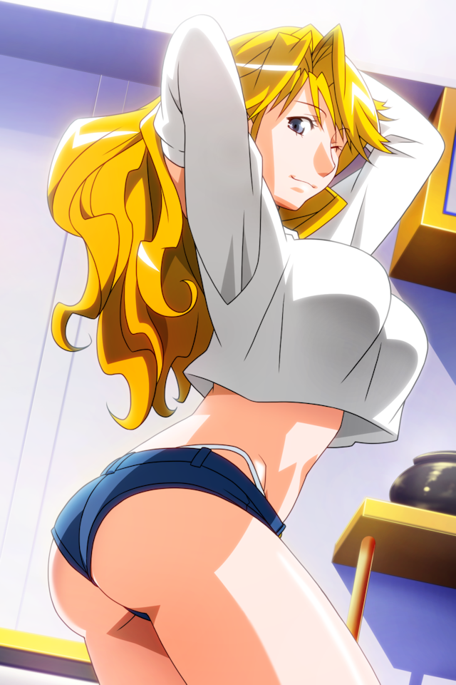 1girl, arms_behind_head, arms_up, ass, blonde_hair, blue_eyes, breasts, christine_garland