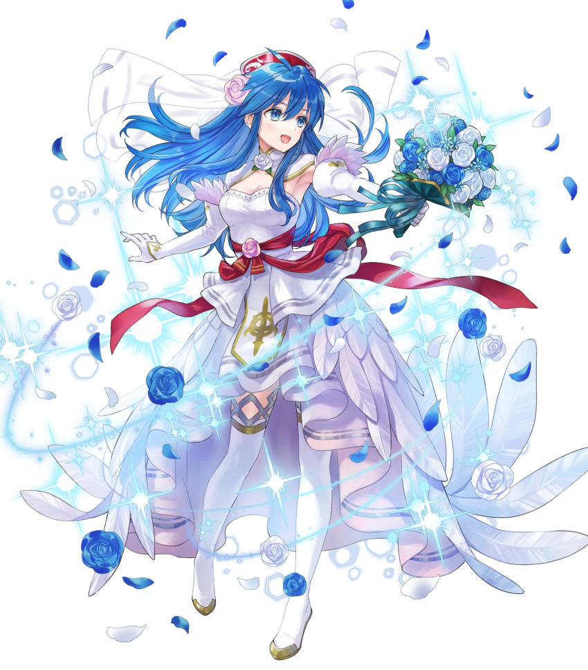 1girl, blue_eyes, blue_flower, blue_hair, boots, bouquet, breasts, bridal_veil