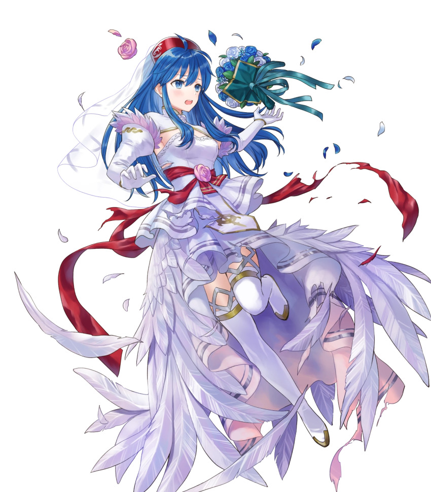 1girl, alternate_costume, blue_eyes, blue_flower, blue_hair, boots, bouquet, bridal_veil
