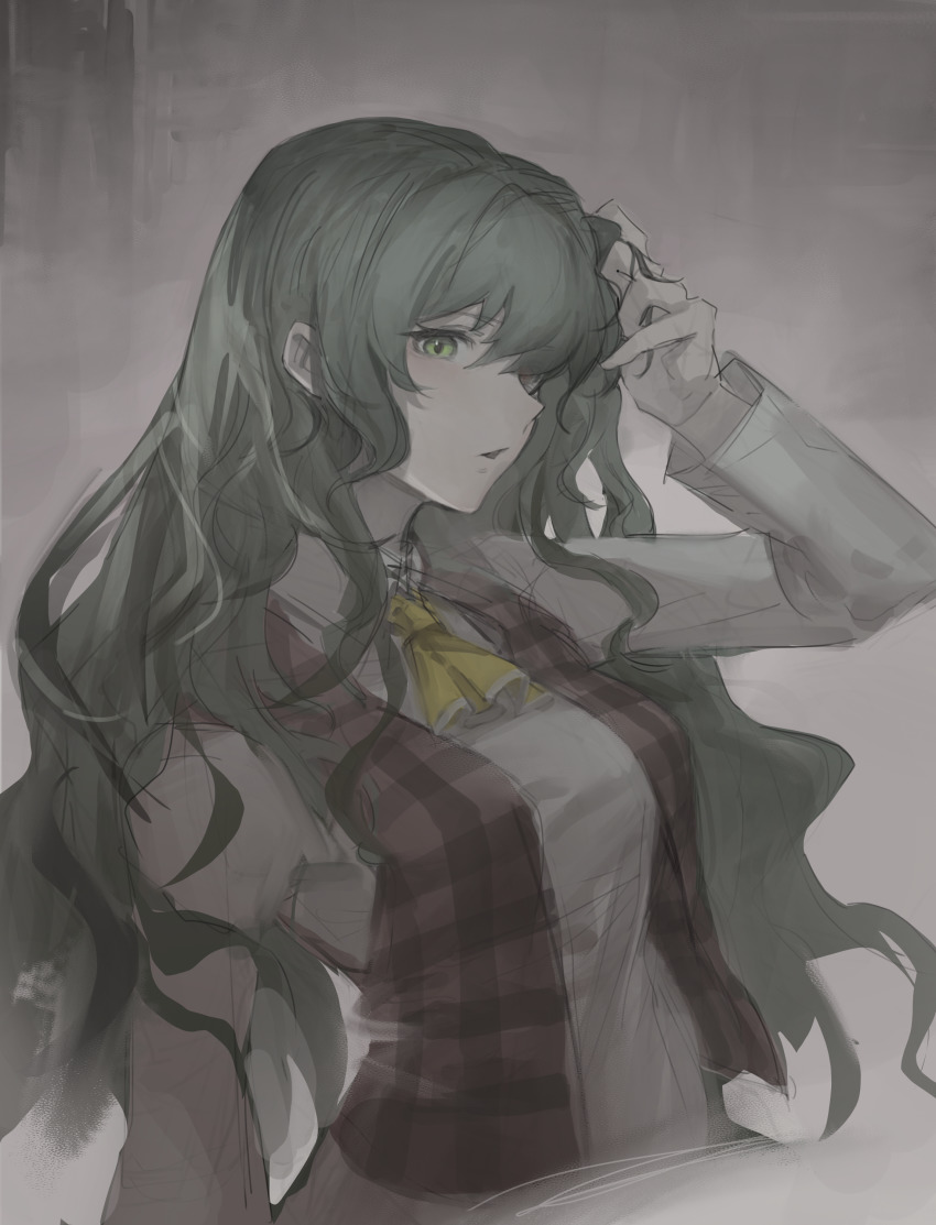 1girl, absurdres, adjusting_hair, ascot, blouse, blush, collared_shirt, commentary, green_eyes, green_hair, hand_up, highres, kazami_yuuka, long_hair, long_sleeves, looking_at_viewer, m9nokuro, parted_lips, plaid_clothes, plaid_vest, red_vest, shirt, sideways_glance, solo, touhou, upper_body, very_long_hair, vest, wavy_hair, white_shirt, yellow_ascot