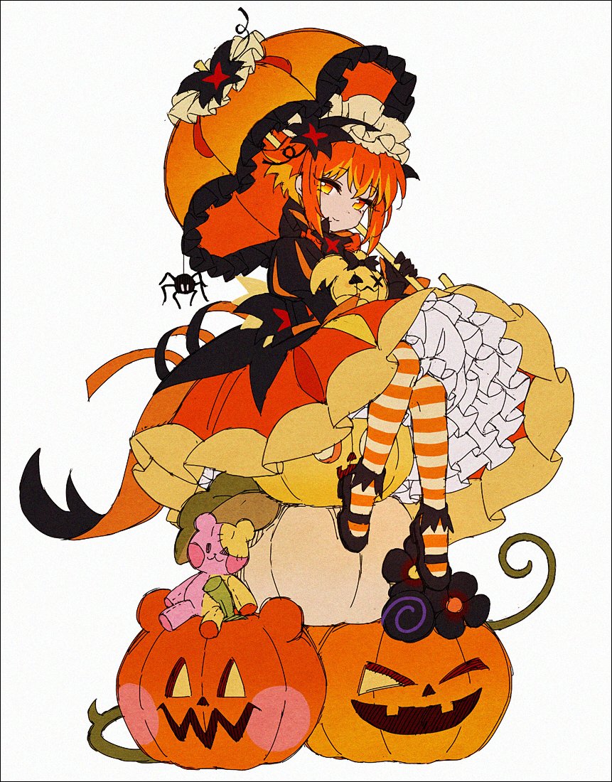 1girl, accurate_lolita_coord, black_gloves, black_shoes, bug, closed_mouth, cookie_run, cookie_run:_kingdom, dress, frilled_dress, frilled_umbrella, frills, gloves, gothic_lolita, hairband, hakusai_(tiahszld), holding, holding_umbrella, humanization, juliet_sleeves, lolita_fashion, lolita_hairband, long_sleeves, looking_at_viewer, mary_janes, orange_dress, orange_eyes, orange_hair, orange_pantyhose, pantyhose, parasol, petticoat, puffy_sleeves, pumpkin, pumpkin_pie_cookie, shoes, short_hair, sitting, smile, solo, spider, striped_clothes, striped_pantyhose, stuffed_animal, stuffed_rabbit, stuffed_toy, teddy_bear, umbrella