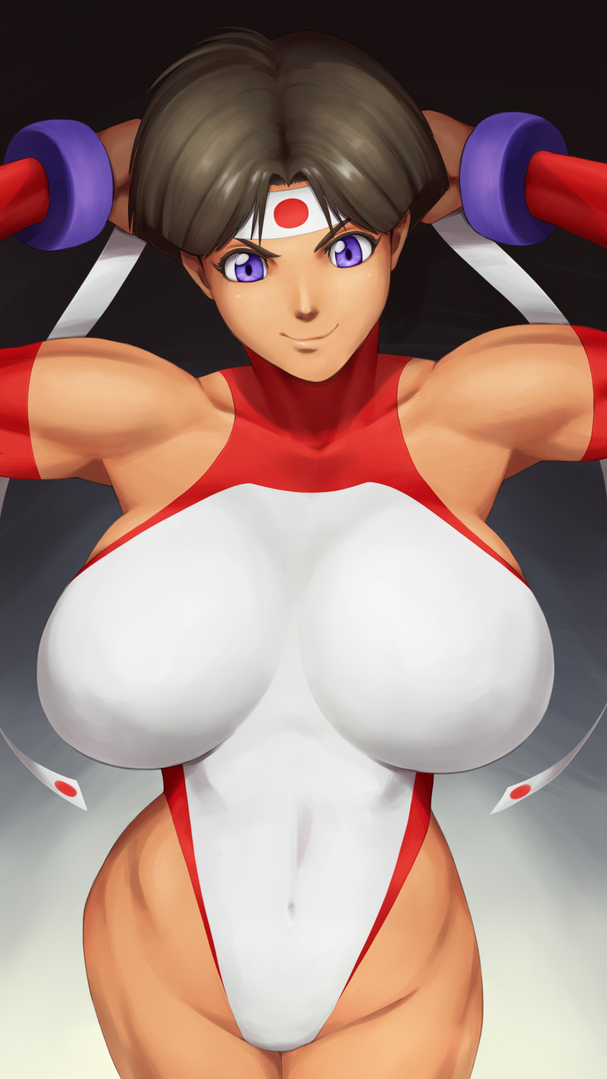 1girl, absurdres, armpits, arms_behind_back, bandana, breasts, brown_hair, detached_sleeves