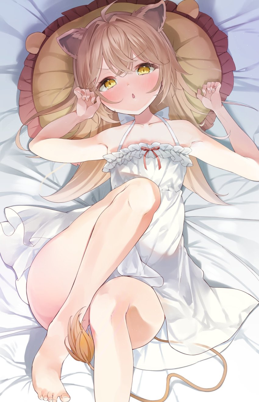 1girl, ahoge, animal_ears, bare_shoulders, blush, breasts, brown_hair, dress