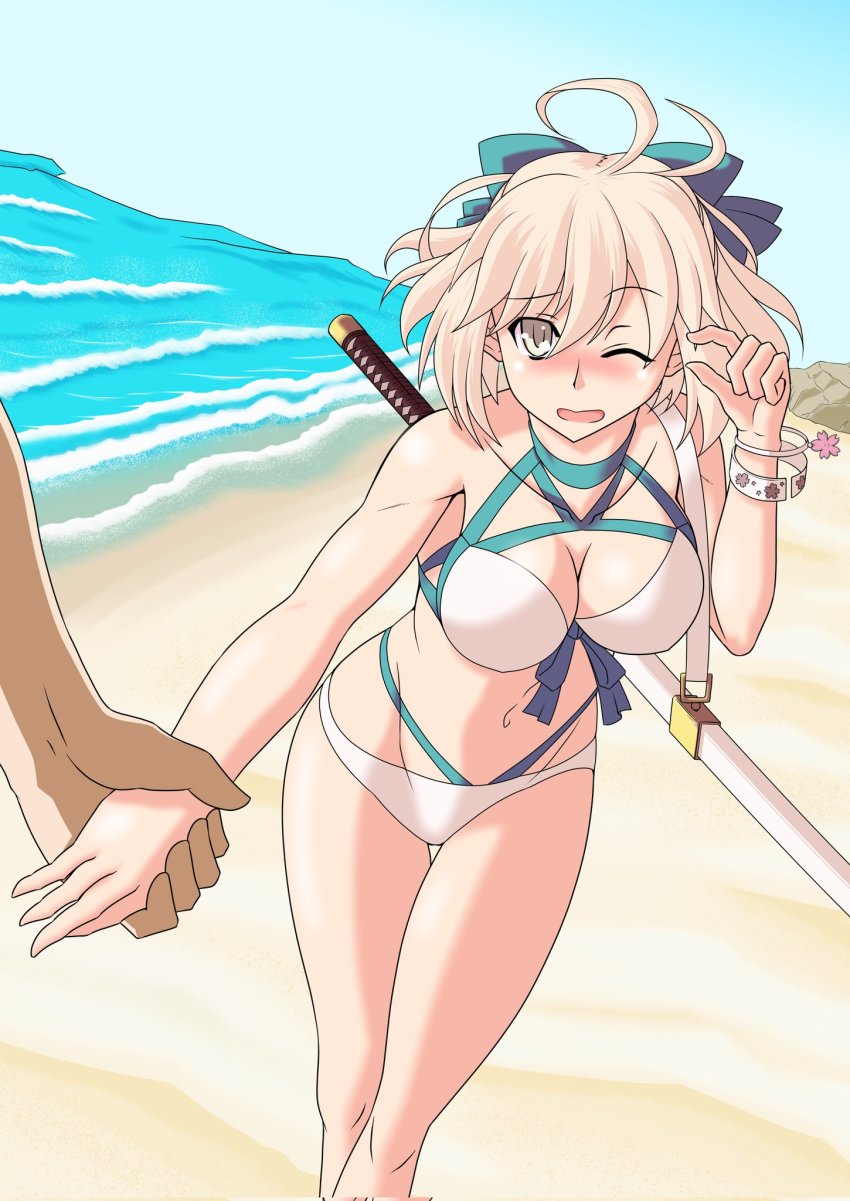 1girl, ahoge, aqua_bikini, aqua_bow, bikini, blonde_hair, bow, breasts