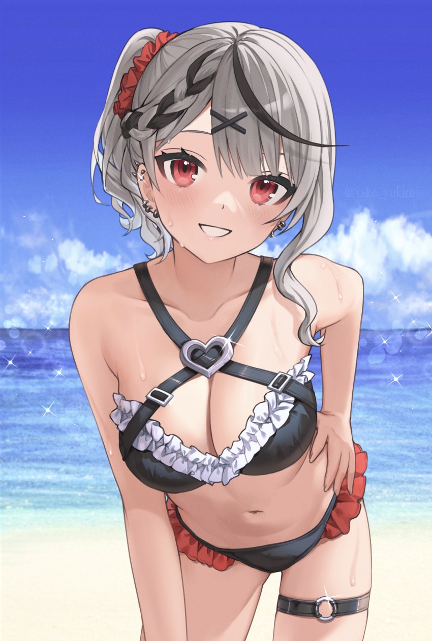 1girl, absurdres, bare_arms, bare_shoulders, beach, bikini, black_bikini, blue_sky, braid, breasts, cleavage, cloud, collarbone, cowboy_shot, criss-cross_halter, day, ear_piercing, earrings, frilled_bikini, frills, grey_hair, grin, hair_ornament, hair_scrunchie, hairclip, halterneck, hand_on_own_hip, highres, hololive, jewelry, large_breasts, leaning_forward, looking_at_viewer, multicolored_hair, navel, ocean, outdoors, piercing, red_eyes, sakamata_chloe, scrunchie, short_hair, sky, smile, solo, standing, stomach, streaked_hair, swimsuit, tate_yukimi, thigh_strap, thighs, virtual_youtuber, wavy_hair, x_hair_ornament