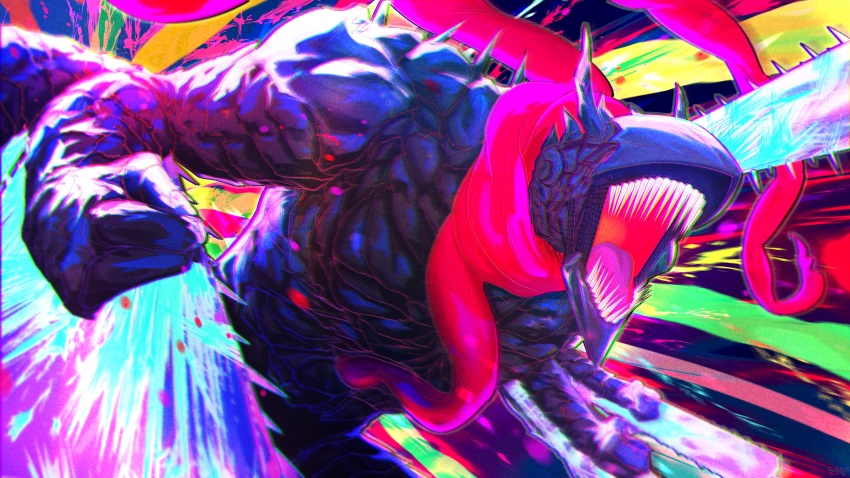 1other, absurdres, black_horns, blood, chainsaw, chainsaw_devil, chainsaw_man, clenched_hand, highres, horns, hybrid, looking_to_the_side, multicolored_background, open_mouth, organs, scarf, sharp_teeth, solo, spikes, teeth, tongue, toyaboku