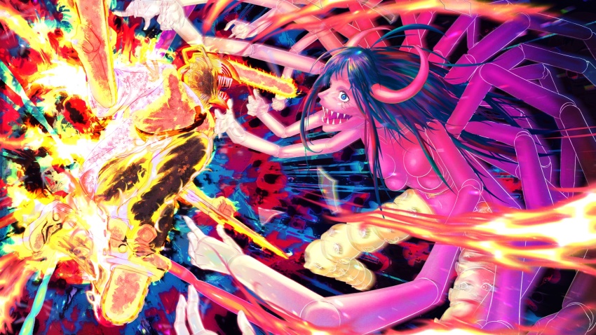 1boy, 1girl, black_hair, black_pants, blue_eyes, burning, chainsaw, chainsaw_man