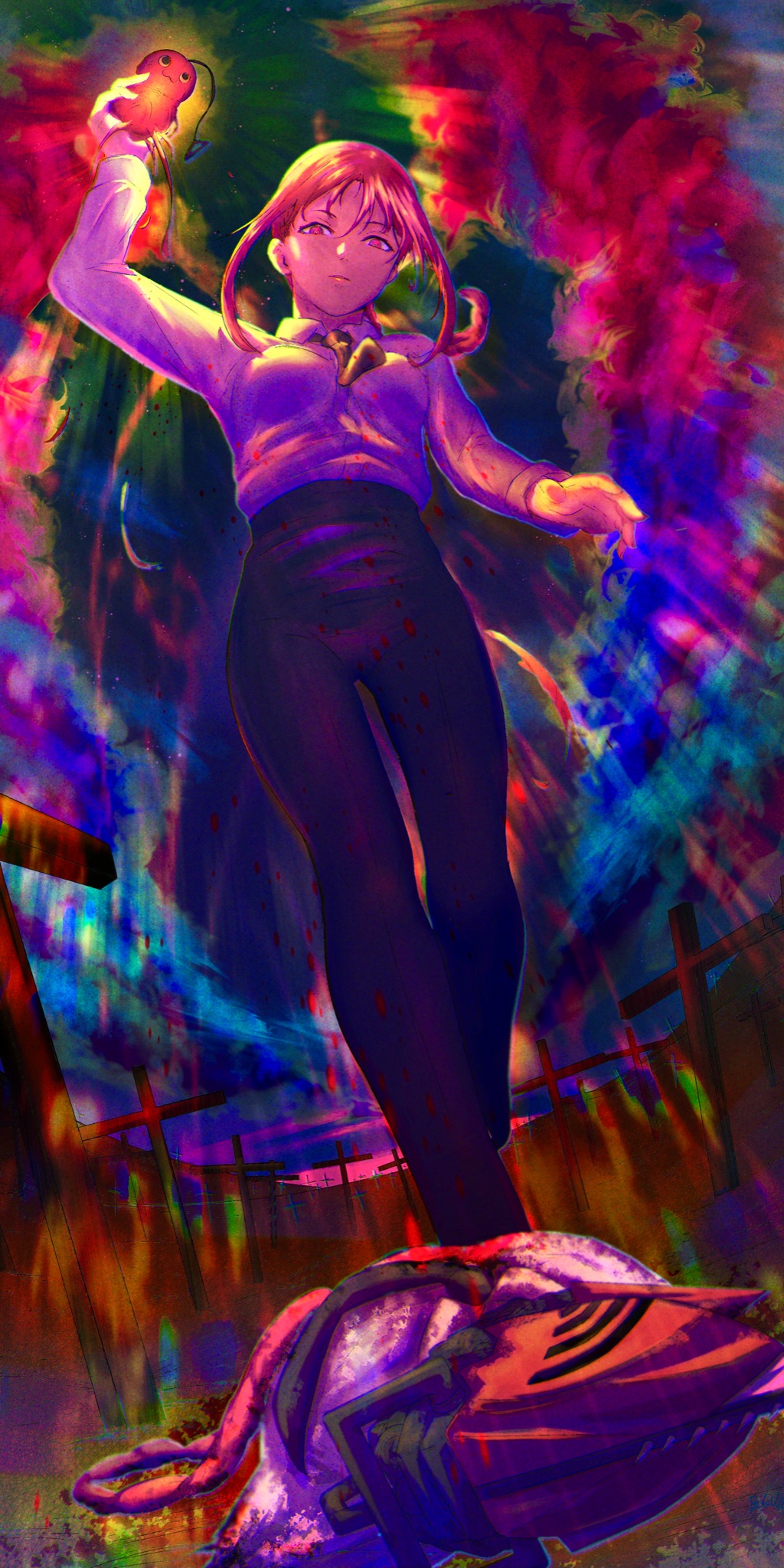 1boy, 1girl, :3, arms_up, black_necktie, black_pants, blood, blood_drip, blood_on_clothes, blood_on_ground, breasts, chainsaw, chainsaw_devil, chainsaw_man, cloud, cross, death, denji_(chainsaw_man), glowing, hand_up, heart, heart_(organ), highres, holding, holding_heart, holding_heart_(organ), looking_down, makima_(chainsaw_man), medium_breasts, multicolored_background, necktie, on_ground, organs, pants, pochita_(chainsaw_man), red_hair, ringed_eyes, solo_focus, thighs, tight_clothes, tombstone, toyaboku