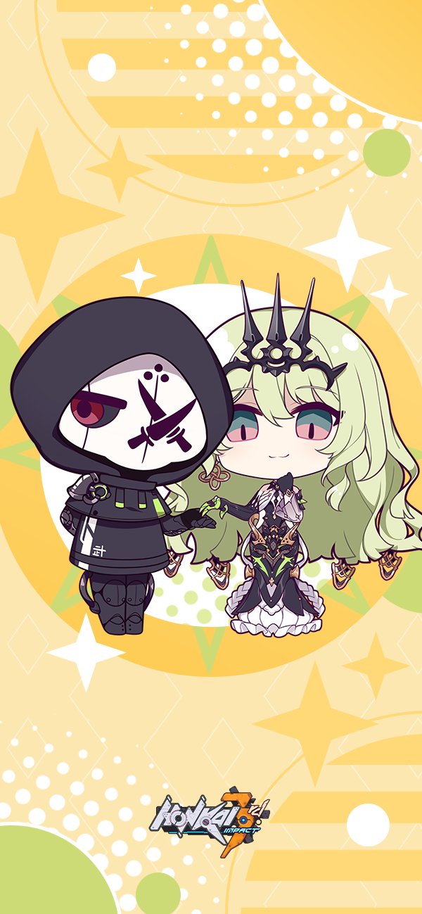 1boy, 1girl, black_dress, black_gloves, chibi, crown, dress, elbow_gloves