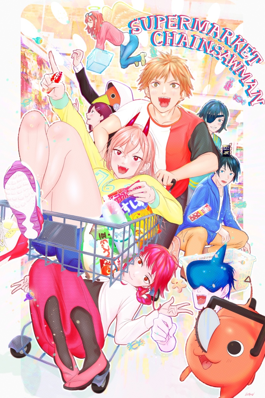 4girls, 5boys, aisle, angel_devil_(chainsaw_man), angel_wings, beam_(chainsaw_man), black_hair, black_jacket, blonde_hair, blue_jacket, blue_pants, blue_shorts, bottle, breasts, brown_pants, candy, chainsaw, chainsaw_man, chocolate, cigarette_pack, cookie, crossed_legs, denji_(chainsaw_man), english_text, excited, eyepatch, eyewear_on_head, feathered_wings, floating, flying, food, gingerbread_man, hair_ornament, hairclip, happy, hayakawa_aki, higashiyama_kobeni, high_heels, highres, himeno_(chainsaw_man), holding, holding_chocolate, holding_food, hood, hoodie, horns, hybrid, in_shopping_cart, jacket, kneeling, lollipop, long_hair, long_sleeves, looking_at_another, looking_up, lying, makima_(chainsaw_man), mask, medium_breasts, medium_hair, mole, mole_on_cheek, mole_under_eye, multicolored_shirt, multiple_boys, multiple_girls, one_eye_covered, open_mouth, pants, pink_sweater, plague_doctor_mask, pochita_(chainsaw_man), pointing, power_(chainsaw_man), pushing, reaching, reaching_towards_viewer, red_eyes, red_horns, red_skirt, shark, sharp_teeth, shoes, shop, shopping, shopping_basket, shopping_cart, short_hair, shorts, skirt, smile, sneakers, sunglasses, sweater, teeth, thighhighs, tongue, tongue_out, topknot, toyaboku, v, violence_fiend_(chainsaw_man), water_bottle, white_jacket, white_wings, wings, worried, yellow_eyes, yellow_sweater