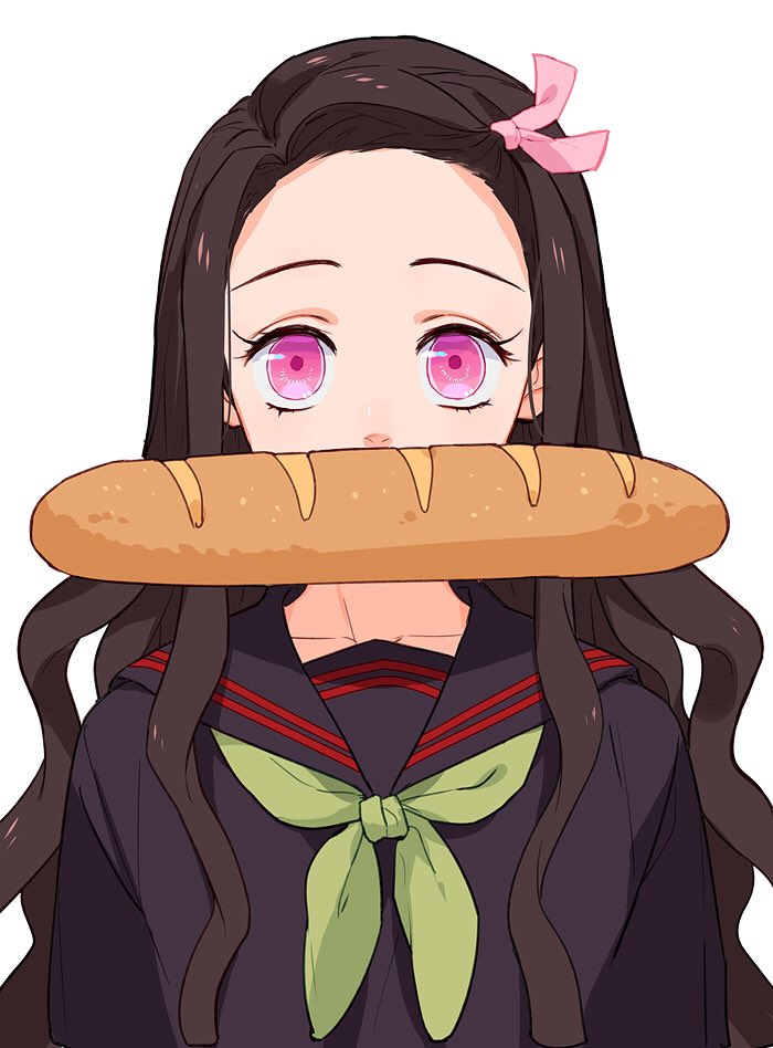 1girl, baguette, black_hair, black_serafuku, bread, closed_mouth, eyelashes, female_focus