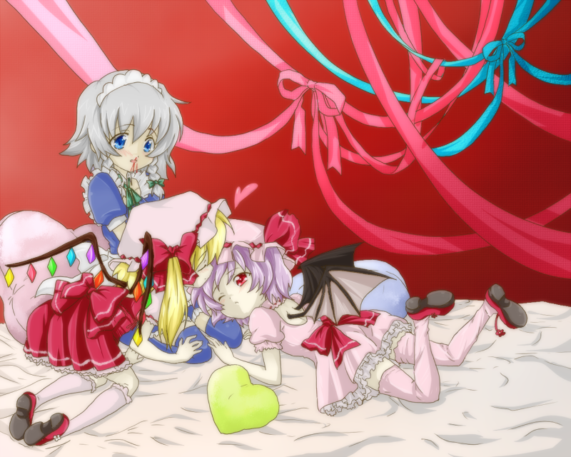 3girls, bat_wings, bed, blonde_hair, blood, braid, derivative_work, dress