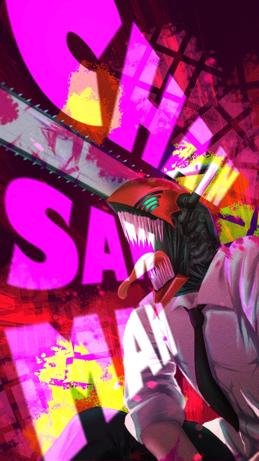 1boy, black_necktie, black_pants, blood, blood_on_clothes, blood_on_face, bloody_weapon, chainsaw