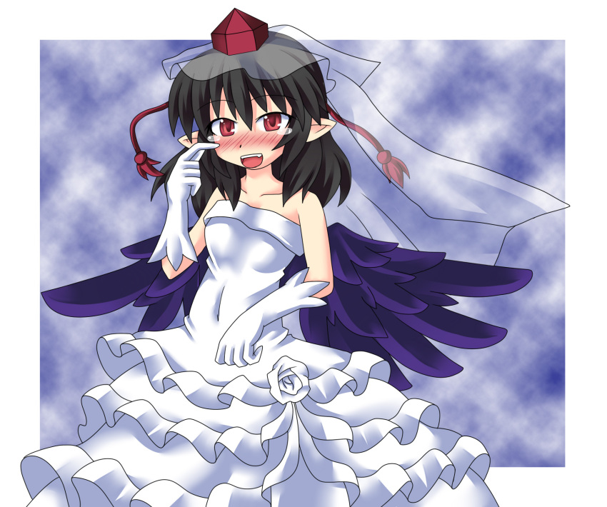 1girl, akatsu_botan, black_hair, black_wings, blush, bridal_veil, bride, dress