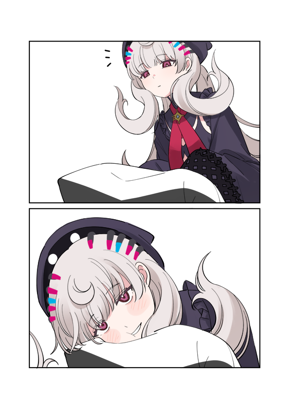 2girls, black_dress, black_headwear, blush, dress, elirasuki, female_pov, grey_hair