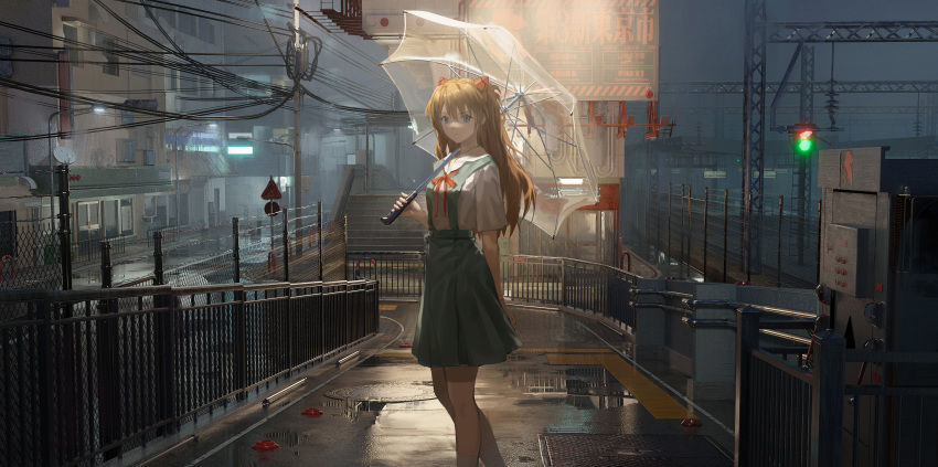 1girl, absurdres, blue_eyes, closed_mouth, highres, joezunzun, looking_at_viewer, neon_genesis_evangelion, outdoors, puddle, railing, red_ribbon, ribbon, road, scenery, school_uniform, sign, souryuu_asuka_langley, stairs, street, tokyo-3_middle_school_uniform, traffic_light, umbrella, water