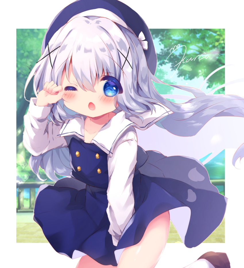 1girl, ;o, beret, blouse, blue_eyes, blue_hat, blue_skirt, blue_vest