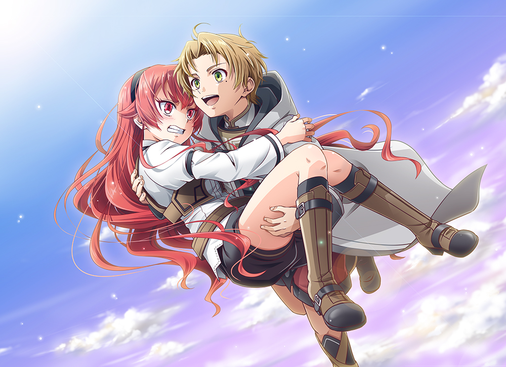 1boy, 1girl, blonde_hair, eris_greyrat, flying, green_eyes, hiyori_(nyatto), long_hair, mushoku_tensei, open_mouth, red_eyes, red_hair, rudeus_greyrat, short_hair