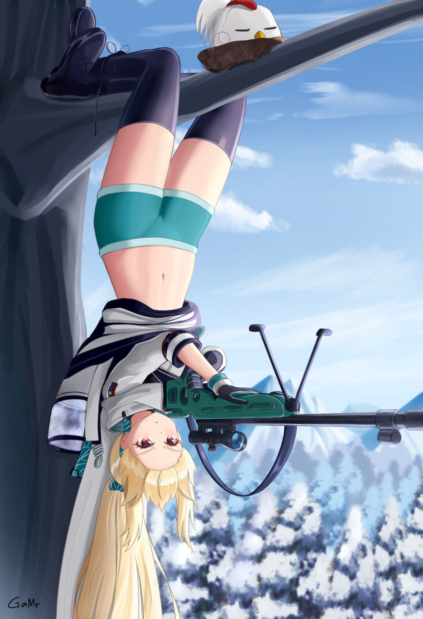 1girl, artist_name, black_thighhighs, blonde_hair, bodysuit, bolt_action, bow, gamryous