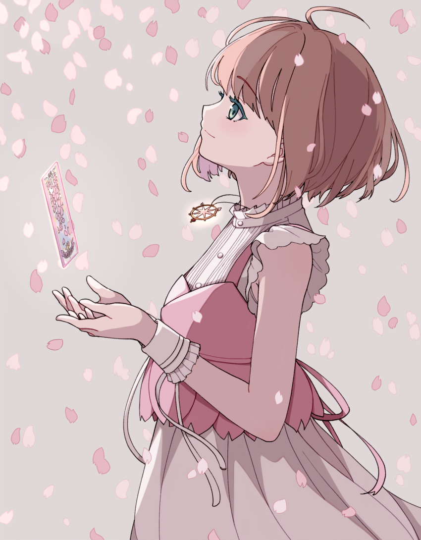 1girl, brown_hair, card, cardcaptor_sakura, cell_(diox), clamp_(circle)_(style), dress, from_side