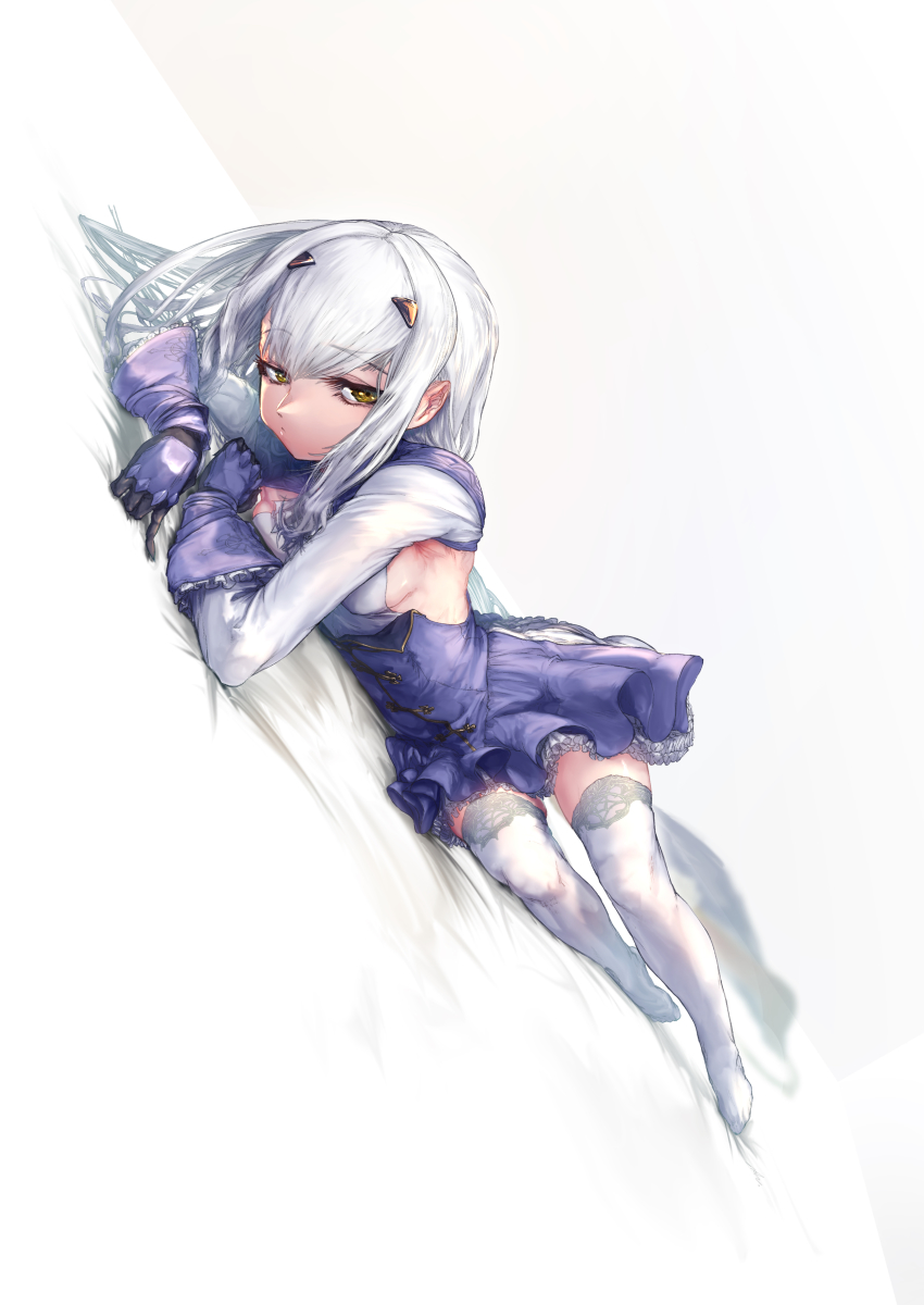 1girl, absurdres, bed_sheet, melusine_(fate), melusine_(second_ascension)_(fate), fate/grand_order, fate_(series), highres, kanehira_(nowisima), long_hair, lying, no_shoes, on_side, solo, white_background, white_hair, white_legwear, yellow_eyes
