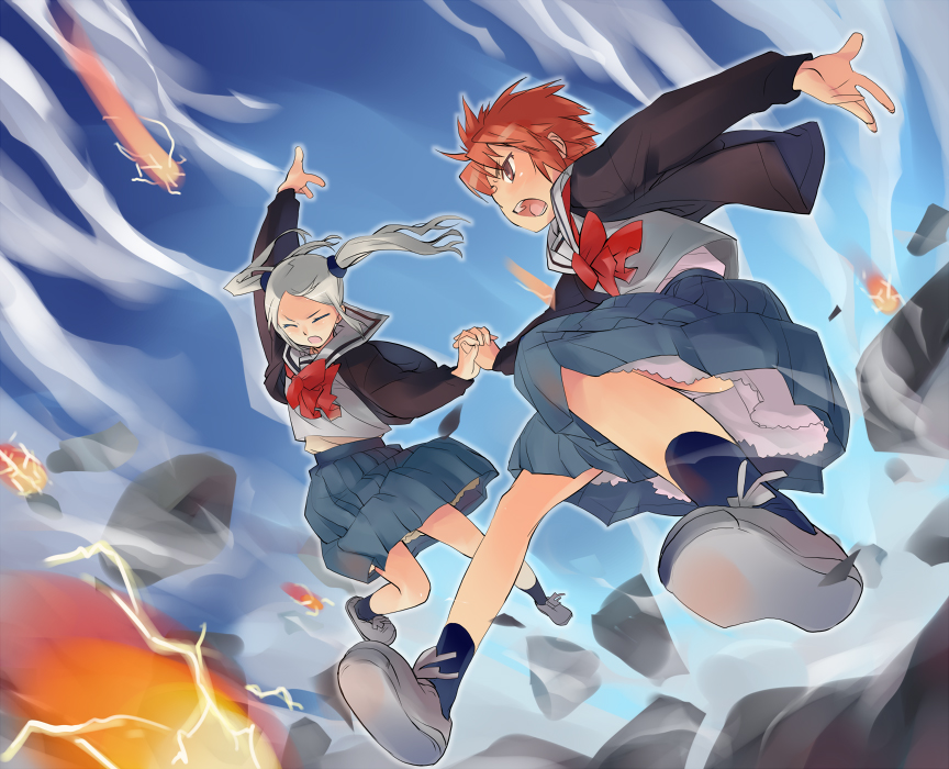 2girls, bad_id, bad_pixiv_id, brown_eyes, brown_hair, hoshi_no_samidare, hoshikawa_subaru_(samidare), koma_(qqq111), multiple_girls, school_uniform, serafuku, tsukishiro_yukimachi, twintails, white_hair