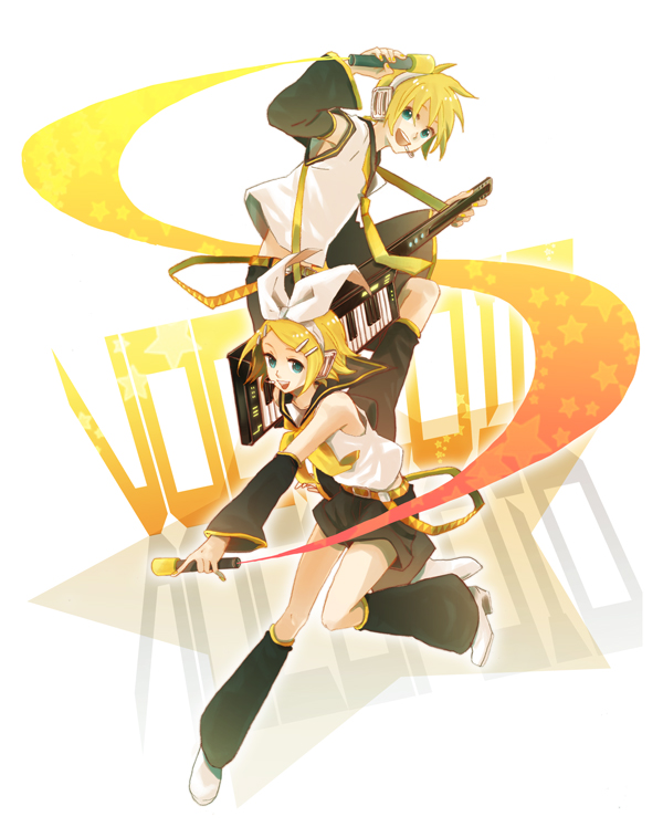 1boy, 1girl, aqua_eyes, bad_id, bad_pixiv_id, blonde_hair, brother_and_sister, hair_ornament, hair_ribbon, hairclip, headphones, headset, instrument, kagamine_len, kagamine_rin, keytar, microphone, mizuno_minami, ribbon, short_hair, shorts, siblings, smile, twins, vocaloid