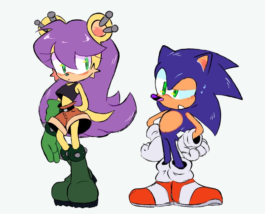 1boy, 1girl, animal_ears, animal_nose, bare_shoulders, belt, black_shirt, blouse