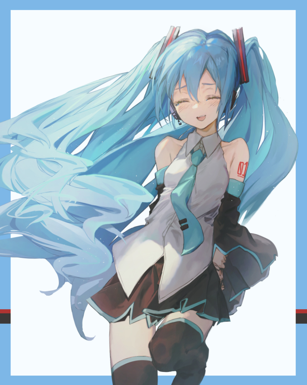 1girl, :d, arm_tattoo, arms_behind_back, bad_id, bad_pixiv_id, black_boots, black_skirt