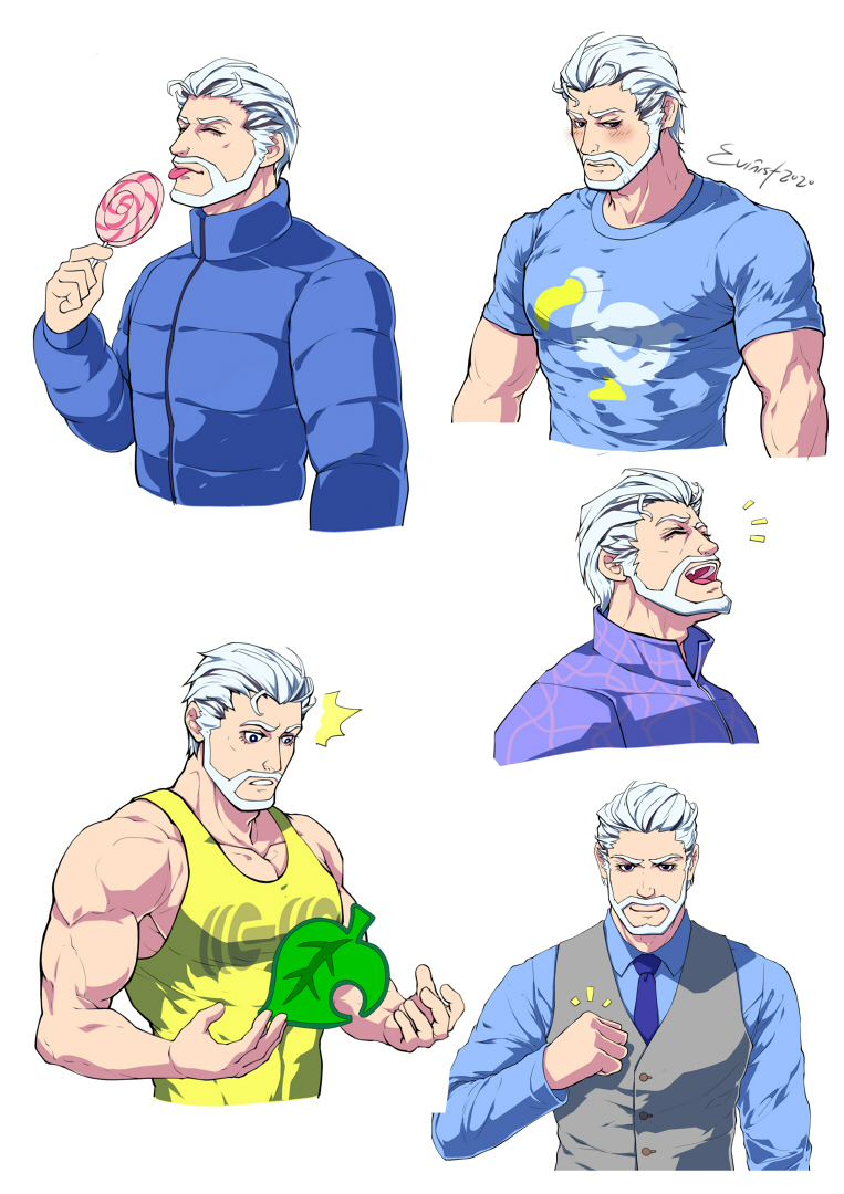 1boy, animal_crossing, artist_name, bara, beard, blouse, blue_jacket, blue_shirt, blush, candy, closed_mouth, collared_shirt, evinist, closed_eyes, facial_hair, food, grey_vest, holding, holding_candy, holding_food, holding_lollipop, jacket, large_pectorals, leaf, lollipop, male_focus, multiple_views, muscular, muscular_male, necktie, nintendo, open_mouth, pectorals, personification, rolf_(animal_crossing), shirt, short_hair, smile, tank_top, tongue, tongue_out, vest, white_hair, yellow_tank_top