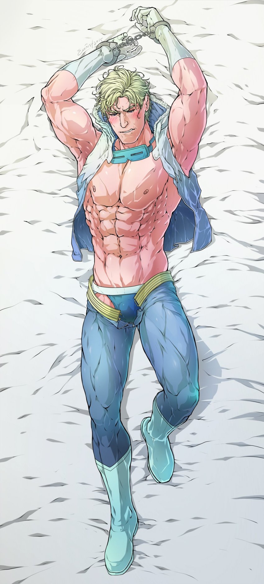 1boy, abs, artist_name, bara, bed, blonde_hair, blue_eyes, blue_male_underwear, blue_pants, blue_vest, blush, boots, captain_cold_(dc), clothes_lift, dakimakura_(medium), dc_comics, evinist, gloves, goggles, goggles_around_neck, highres, hood, hood_down, hooded_vest, hoodie, jockstrap, justice_league, large_pectorals, leonard_snart, lying, male_focus, male_underwear, muscular, muscular_male, navel, nipples, on_back, on_bed, open_clothes, open_fly, open_vest, pants, pectorals, short_hair, solo, underwear, unzipped, vest, white_gloves, white_vest, zipper, zipper_pull_tab