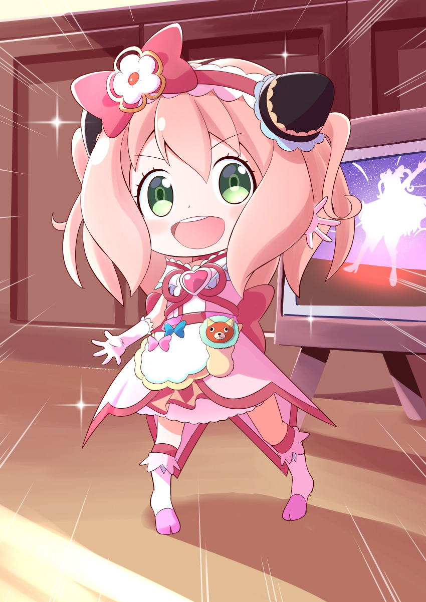 1girl, absurdres, anya_(spy_x_family), apron, boots, brooch, child, cone_hair_bun, cosplay, cure_precious, cure_precious_(cosplay), delicious_party_precure, director_chimera_(spy_x_family), dress, full_body, gloves, green_eyes, hair_between_eyes, hair_bun, headband, heart, heart_brooch, highres, horn_ornament, horns, indoors, jewelry, magical_girl, open_mouth, pink_dress, pink_gloves, pink_hair, precure, sparks, spy_x_family, television, tirofinire