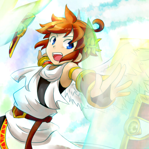 1boy, angel_wings, armband, armlet, belt, belt_buckle, black_shirt, blouse, blue_eyes, brown_hair, buckle, cloud, fluora, guardian_orbitars_(kid_icarus), hair_ornament, jewelry, kid_icarus, kid_icarus_uprising, laurel_crown, looking_to_the_side, lowres, nintendo, outstretched_arms, pit_(kid_icarus), shield, shirt, sky, solo, teeth, upper_teeth_only, white_wings, wings