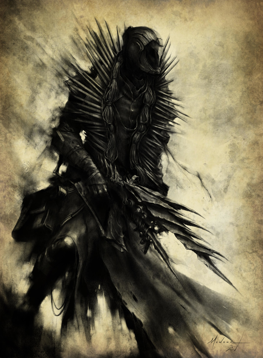 1boy, absurdres, brianmoncus, destiny_(game), greyscale, gun, helmet, highres