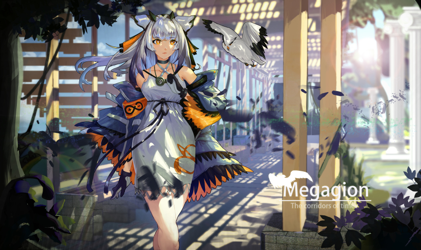 absurdres, arknights, armband, bare_shoulders, bird, black_ribbon, blurry, bright_pupils