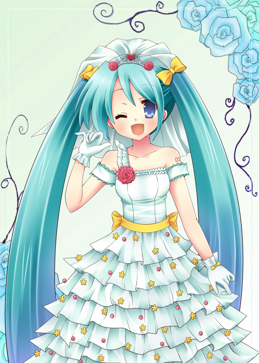 1girl, absurdres, alternate_costume, aqua_eyes, aqua_hair, bridal_veil, dress, flower