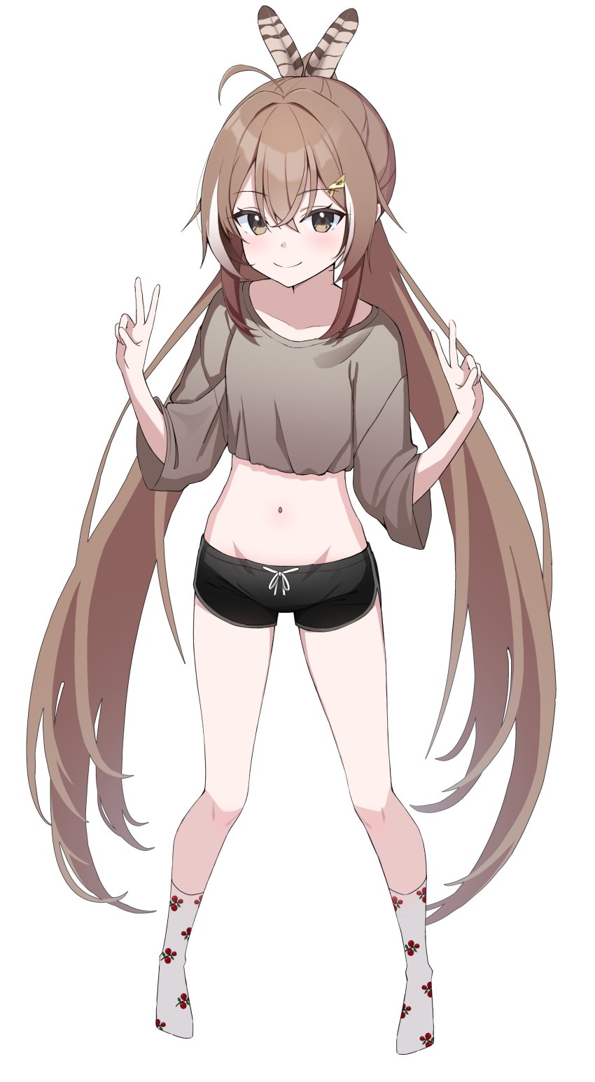 1girl, absurdres, ahoge, alternate_costume, berry, black_shorts, brown_eyes, brown_hair