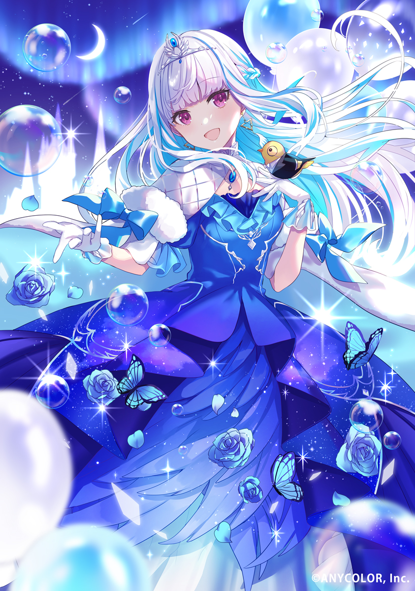 1girl, bird, bird_on_hand, blue_bow, blue_butterfly, blue_dress, blue_flower, blue_hair