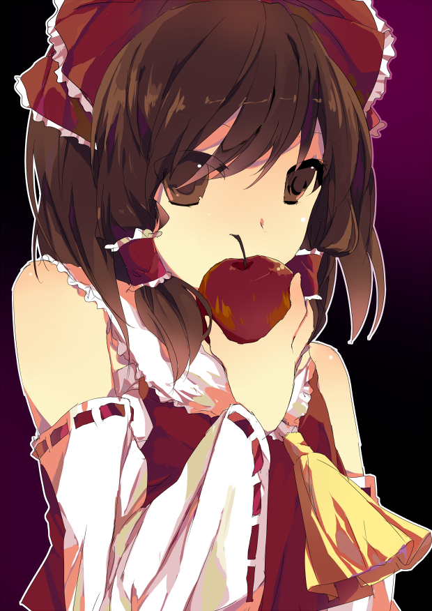 1girl, apple, bad_apple!!, bare_shoulders, brown_eyes, brown_hair, covering_face, covering_own_mouth