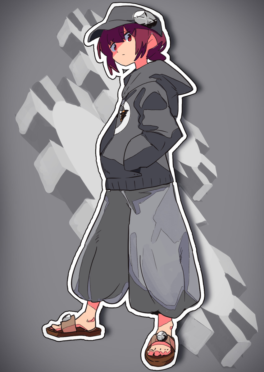 1girl, black_headwear, black_hoodie, brown_sandals, closed_mouth, commentary_request, drill, expressionless